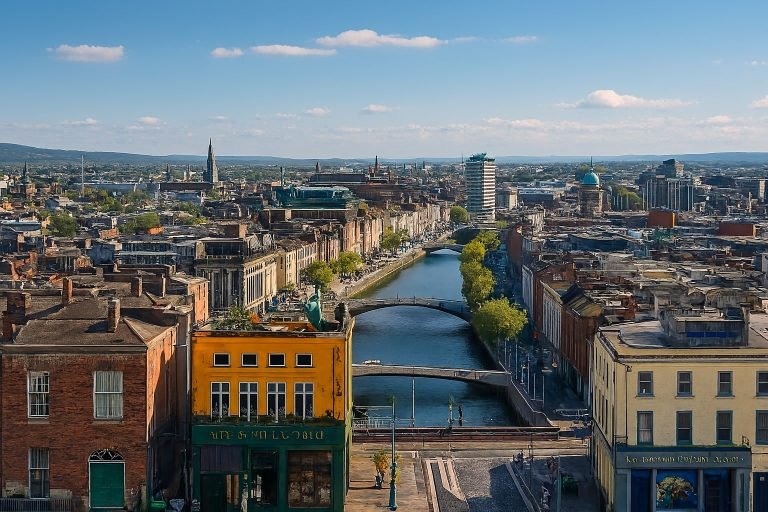 Things to do in Dublin - Aerial view of Dublin city center with the River Liffey flowing between historic buildings and arched bridges under a clear blue sky.