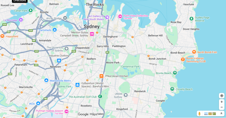 Map of Sydney showing the CBD and surrounding suburbs, including The Rocks, Paddington, Bondi Beach, Centennial Park, and Coogee.