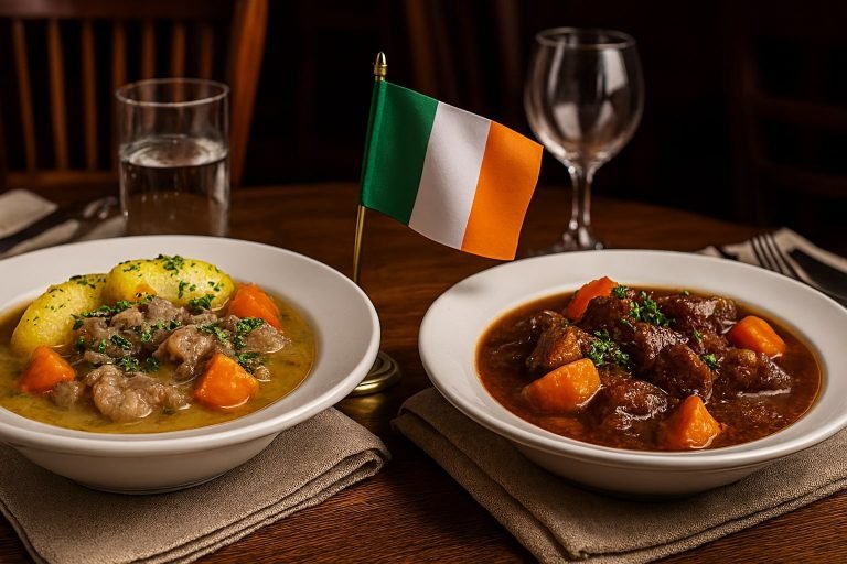 Traditional Irish stew served in two bowls with chunks of beef, carrots, potatoes, and dumplings, displayed beside a small Irish flag on a wooden table.
