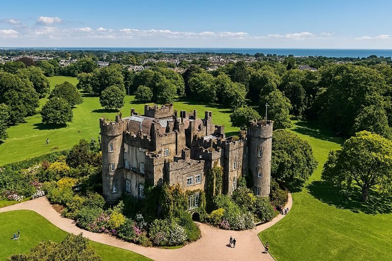 Aerial view of Malahide Castle surrounded by manicured green parkland and trees on a sunny day near Dublin.