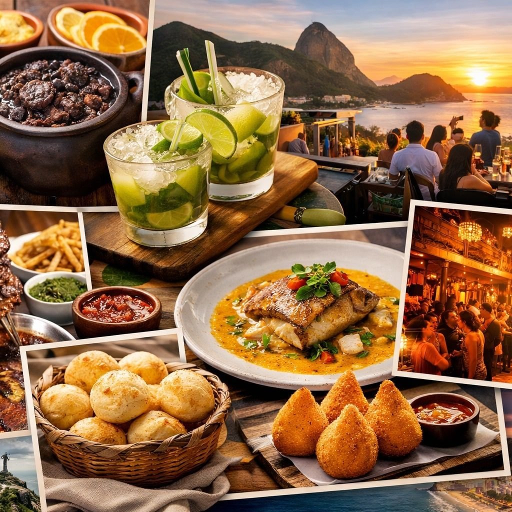 Brazilian food and nightlife in Rio de Janeiro, including feijoada, caipirinhas, rooftop bars, and samba venues