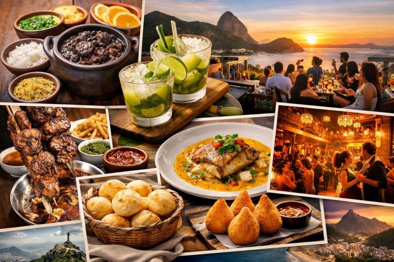 Brazilian food and nightlife in Rio de Janeiro, including feijoada, caipirinhas, rooftop bars, and samba venues