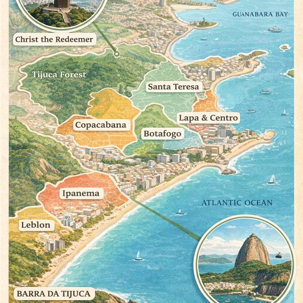 Map of Rio de Janeiro neighborhoods with Christ the Redeemer and Sugarloaf Mountain marked as key landmarks.