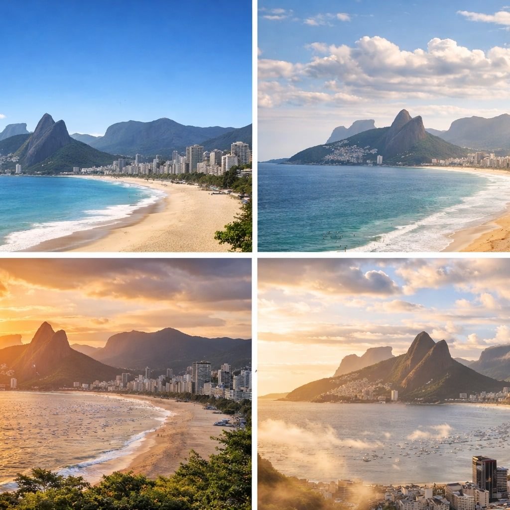 Rio de Janeiro skyline and coastline under different weather conditions, showing sunny skies, soft clouds, golden hour light, and fresh post-rain atmosphere