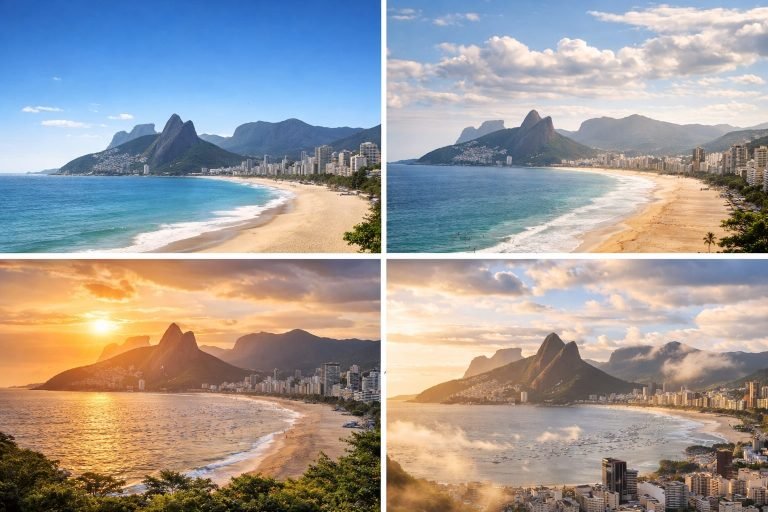 Rio de Janeiro skyline and coastline under different weather conditions, showing sunny skies, soft clouds, golden hour light, and fresh post-rain atmosphere