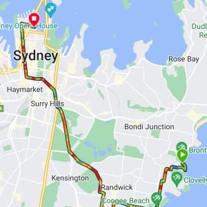 Sydney cycling route map showing a ride from Bondi/Brontë area past Coogee Beach and Randwick into the Sydney CBD near the Opera House.