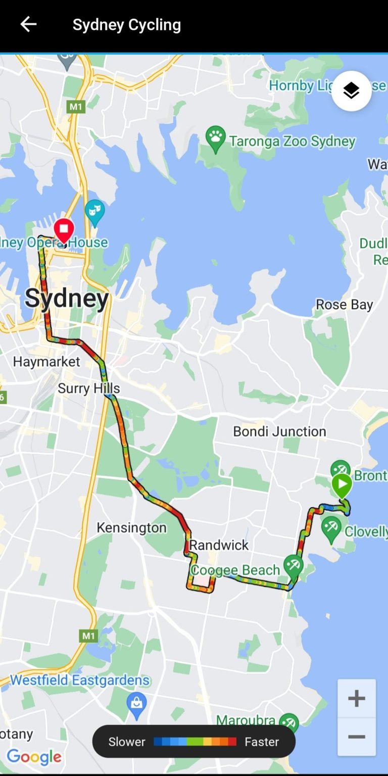 Sydney cycling route map showing a ride from Bondi/Brontë area past Coogee Beach and Randwick into the Sydney CBD near the Opera House.