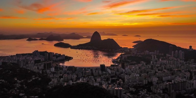 Sunset aerial view of Sugarloaf Mountain and Rio de Janeiro skyline featured in this things to do in Rio de Janeiro guide