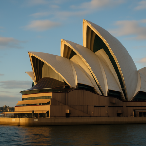 Sydney Opera House at sunset with golden light reflecting on the sails and Sydney Harbour in the foreground.