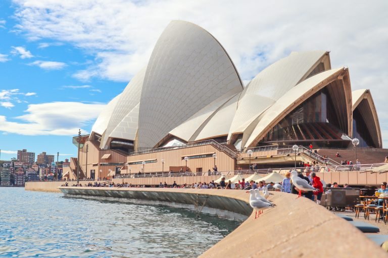 Sydney Opera House tours tickets: Sydney Opera House on a sunny day with visitors along the waterfront promenade and seagulls in the foreground.