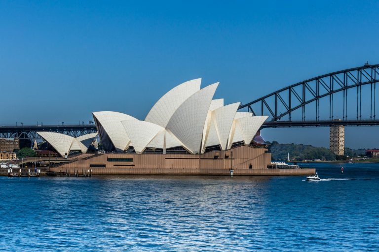 Sydney Opera House with the Harbour Bridge in the background on a bright clear day, viewed from across Sydney Harbour.