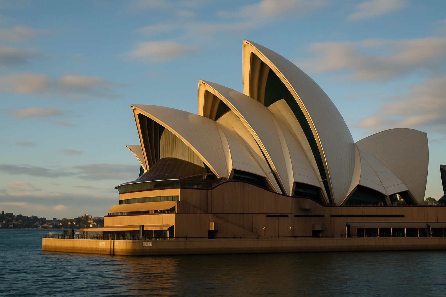 Sydney Opera House at sunset with golden light reflecting on the sails and Sydney Harbour in the foreground.