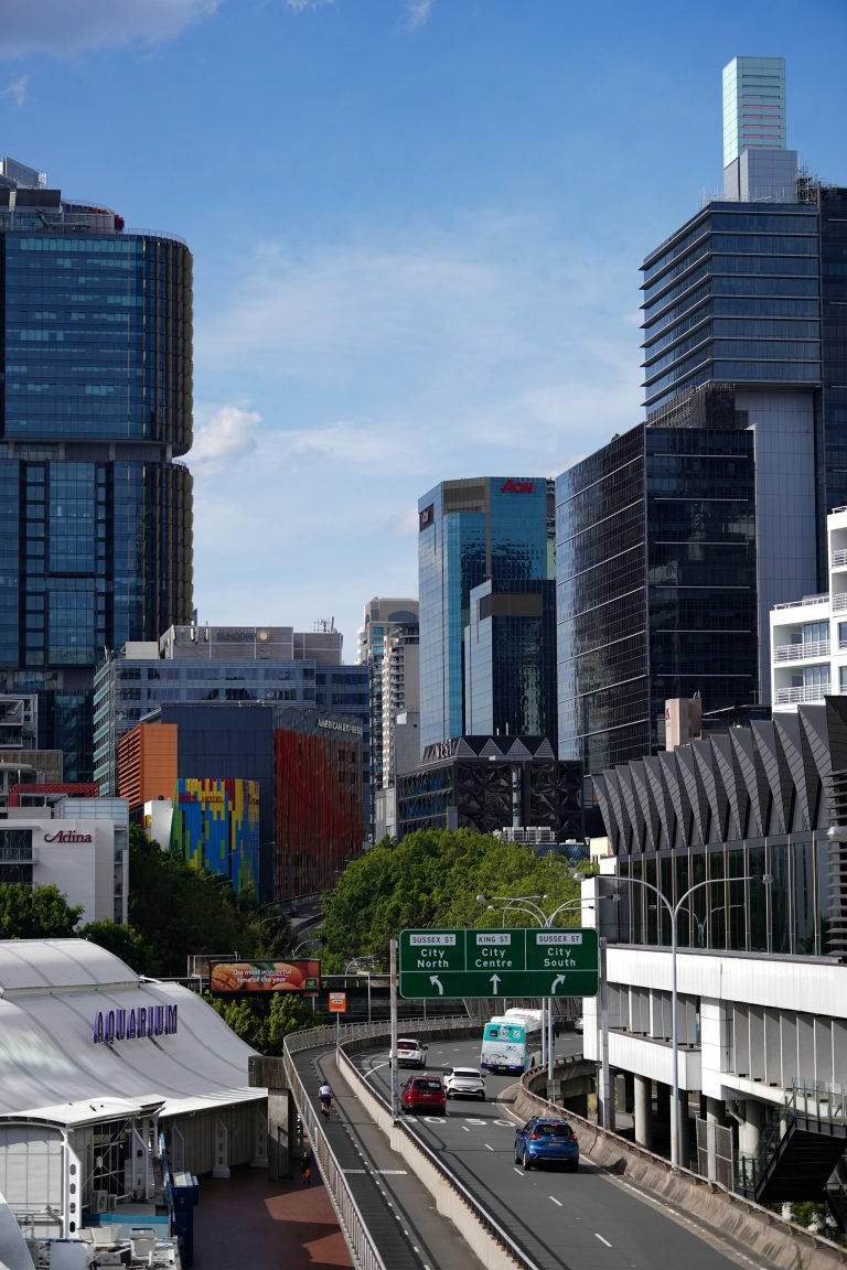 Best Time to Visit Sydney: Modern Sydney CBD skyline with glass office towers and road signs pointing to City North, City Centre and City South.