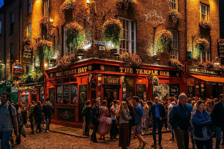 Crowded evening scene outside the Temple Bar pub in Dublin, with glowing lights, hanging flower baskets, and people filling the cobblestone street.