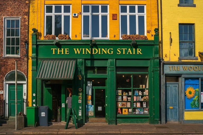 Things to do in Dublin - The Winding Stair bookshop and café in Dublin, with a green storefront set against bright yellow and brick façades along the street.