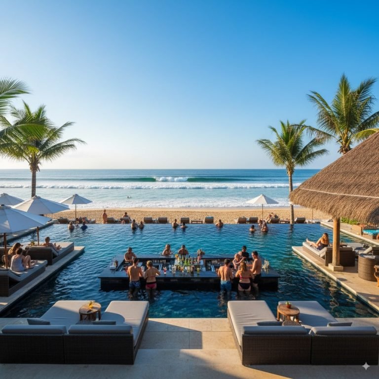 Finns Beach Club in Canggu, Bali, with an oceanfront infinity pool, palm trees, and people relaxing and socializing by the water.