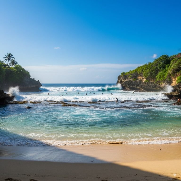 Surfers waiting for waves at Padang Padang Beach in Bali, Things to do in Bali - framed by rocky cliffs, turquoise water, and a clear blue sky.