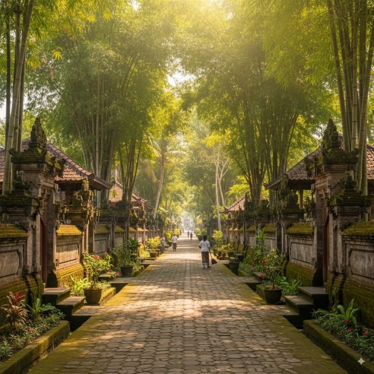 Penglipuran Village in Bali, with a stone-paved central pathway lined by traditional Balinese houses, bamboo forests, and lush greenery.