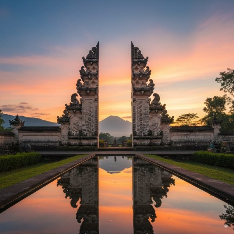 Pura Lempuyang Temple in Bali at sunrise, with the iconic split gates framing Mount Agung and reflecting in a calm water pool.
