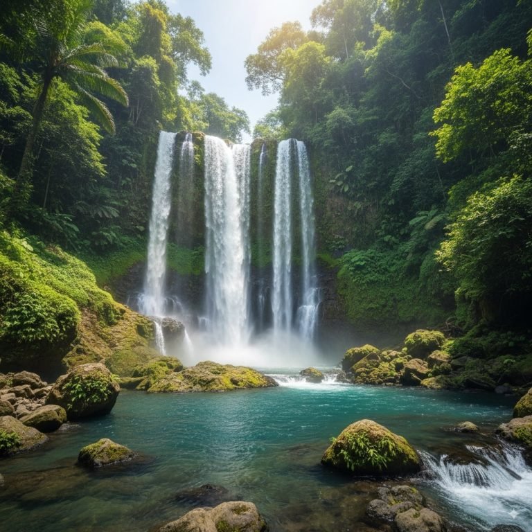 Sekumpul Waterfall in northern Bali, with multiple cascading streams flowing into a turquoise pool surrounded by lush tropical jungle.