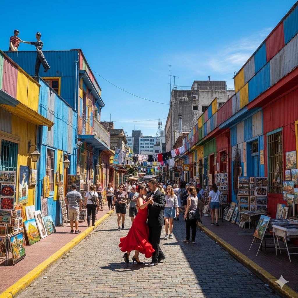Vibrant colored buildings and tango dancers in Caminito, La Boca