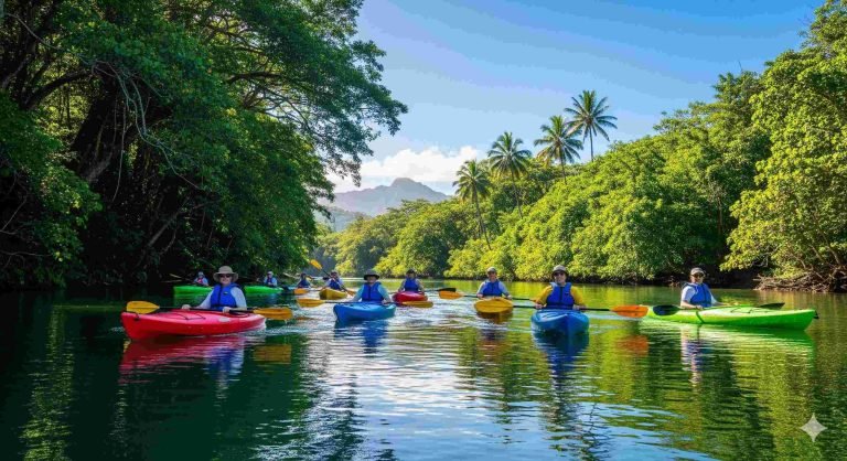 Kayakers paddling along a calm tropical river in Hawaii, surrounded by dense green rainforest and palm trees on a bright sunny day.