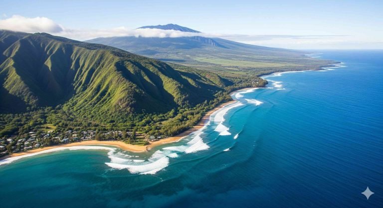 Things to do in Hawaii - Aerial view of Maui’s lush coastline with green mountain ridges, turquoise ocean waters, and rolling waves along a sandy beach in Hawaii