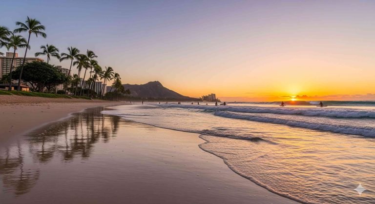 Sunset at Waikiki Beach with Diamond Head crater in the background, palm trees lining the shore, and gentle waves reflecting golden light in Hawaii Golden sunset over Waikiki Beach with Diamond Head rising in the distance, one of Hawaii’s most iconic coastal views.