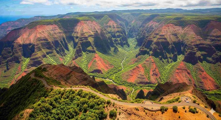 Aerial view of Waimea Canyon on Kauaʻi with deep red and green cliffs, winding roads, and lush valleys under a bright sunny sky