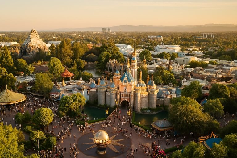 Aerial view of Disneyland Park in Anaheim with Sleeping Beauty Castle and crowds at sunset
