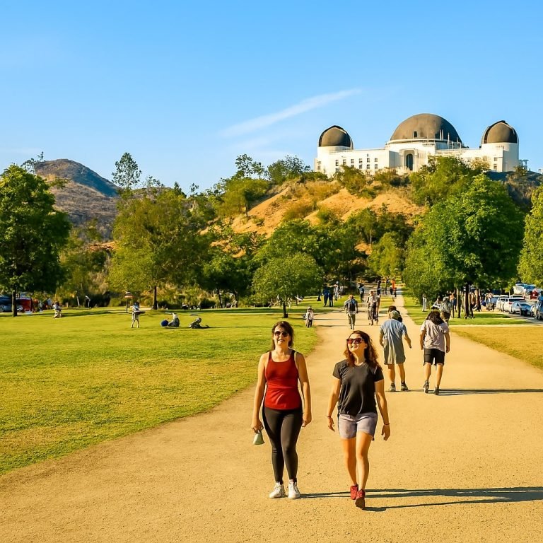 Griffith Observatory overlooking Los Angeles with people walking along a sunlit trail in Griffith Park