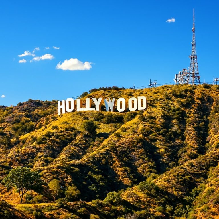 Hollywood Sign on the hills of Los Angeles under a clear blue sky