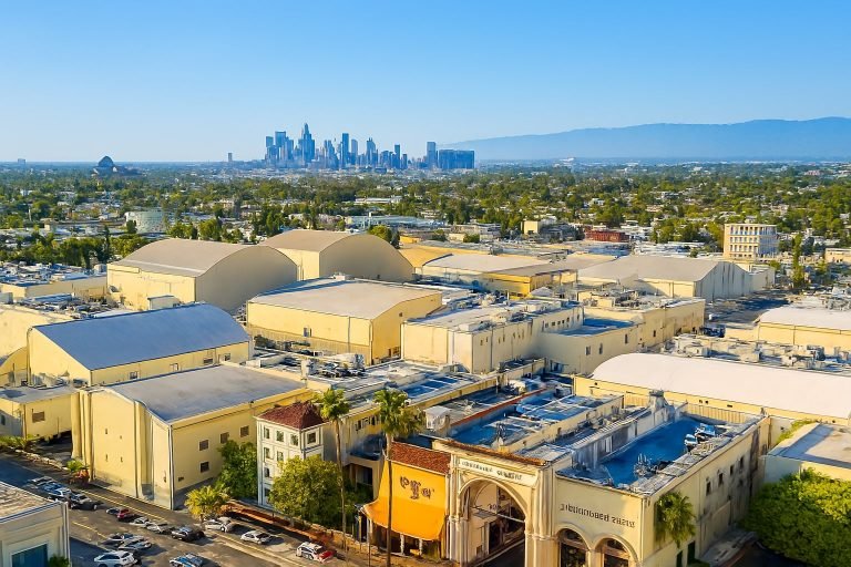 Things to do in LA - Aerial view of Hollywood film studios with soundstage buildings and downtown Los Angeles skyline in the distance