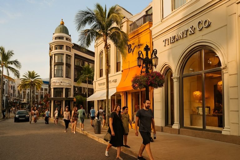 Rodeo Drive in Beverly Hills with luxury boutiques, palm trees, and people walking along the street