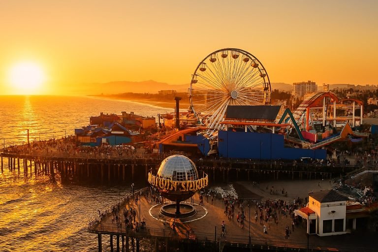 Things do to in LA - Santa Monica Pier at sunset with Ferris wheel, Pacific Ocean, and crowds along the pier
