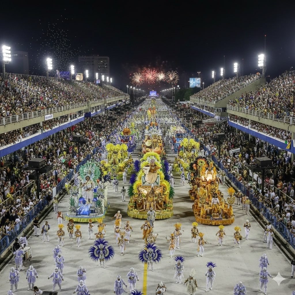 Vibrant Samba parade at the Sambadrome, one of the top things to do in Rio de Janeiro during Carnival.