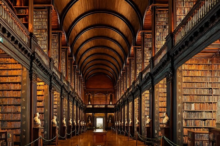 Things to do in Dublin - Interior of the Long Room at Trinity College Library in Dublin, with towering wooden bookshelves, arched ceiling, and marble busts lining the aisle.