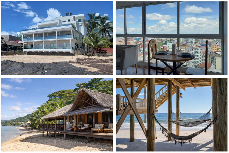 Where to stay in Madagascar, showing a hotel in Nosy Be, a city view from Antananarivo, and coastal accommodation options