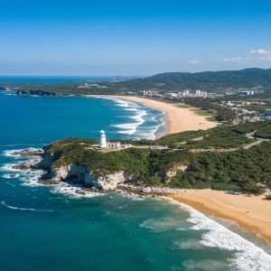 Kenting Taiwan: A high-angle view of a bustling city intersection in Kaohsiung, Taiwan, featuring dense scooter traffic, blue city buses, and vibrant neon storefront signs against a backdrop of mountains and wind turbines at dusk.