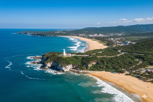 Kenting Taiwan: A high-angle view of a bustling city intersection in Kaohsiung, Taiwan, featuring dense scooter traffic, blue city buses, and vibrant neon storefront signs against a backdrop of mountains and wind turbines at dusk.