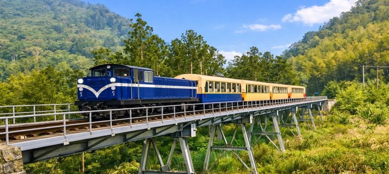 Alishan Forest Railway train crossing a bridge surrounded by lush green mountains