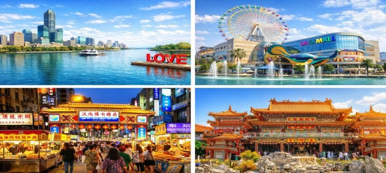 Kaohsiung travel collage showing Love River skyline, Dream Mall Ferris wheel, Liuhe Night Market street food scene, and a traditional Kaohsiung temple in bright sunny colors.