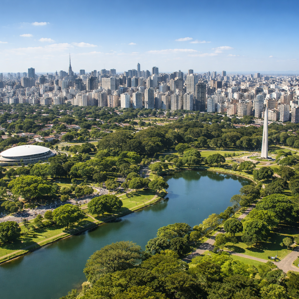 Aerial view of São Paulo on a sunny day, showing Ibirapuera Park surrounded by high-rise buildings and clear blue skies.
