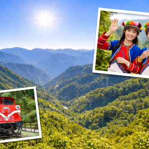 Alishan National Scenic Area featured image showing mountain forest views, the Alishan Forest Railway train, and visitors in traditional attire