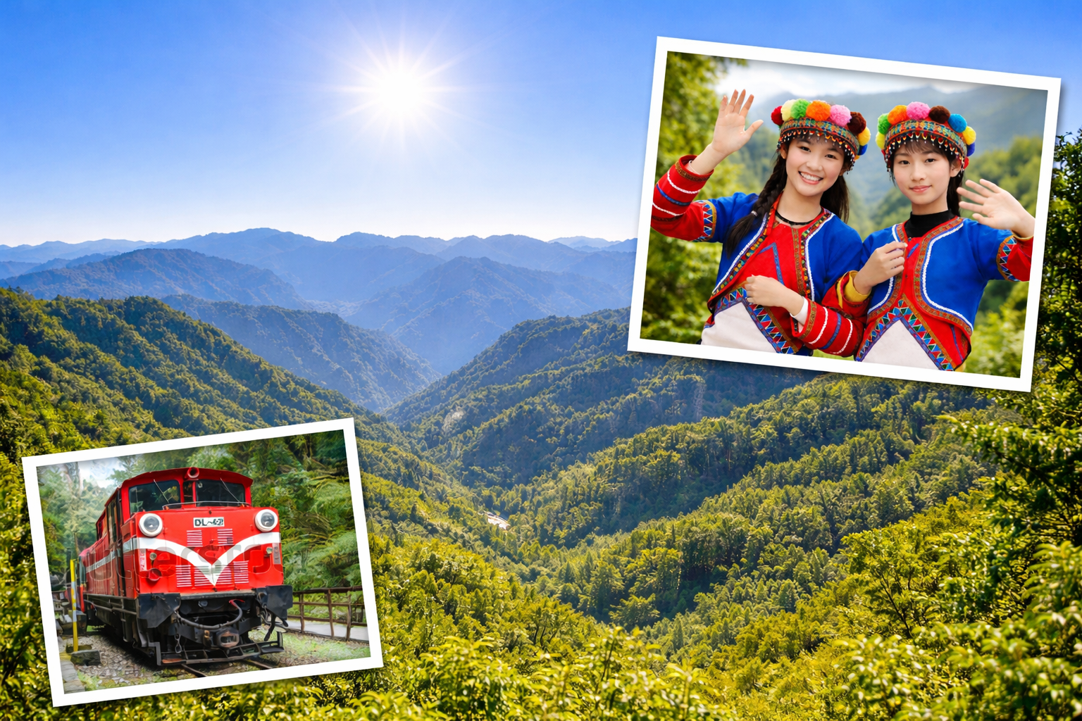 Alishan National Scenic Area featured image showing mountain forest views, the Alishan Forest Railway train, and visitors in traditional attire