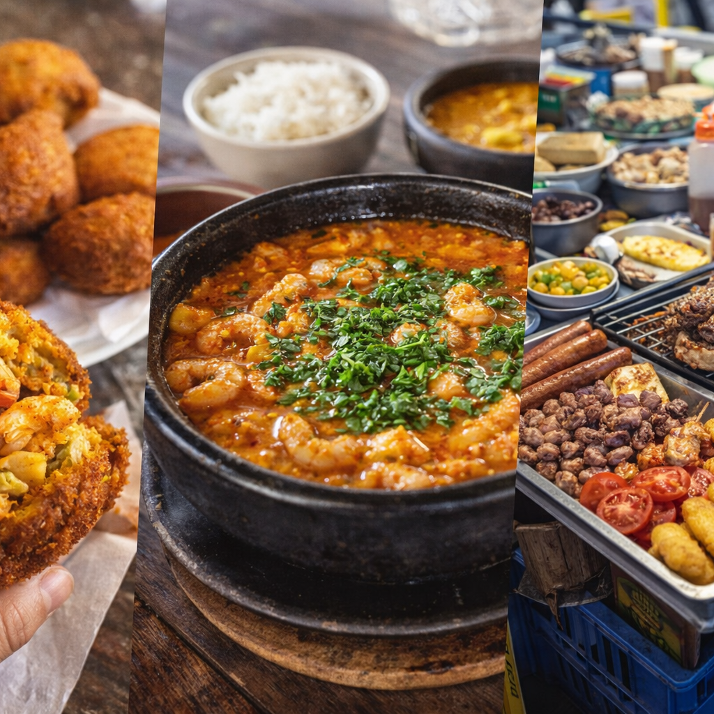 Traditional Salvador cuisine featuring acarajé, moqueca seafood stew, and vibrant Brazilian street food