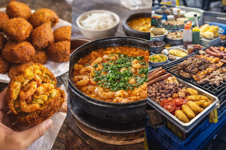 Traditional Salvador cuisine featuring acarajé, moqueca seafood stew, and vibrant Brazilian street food