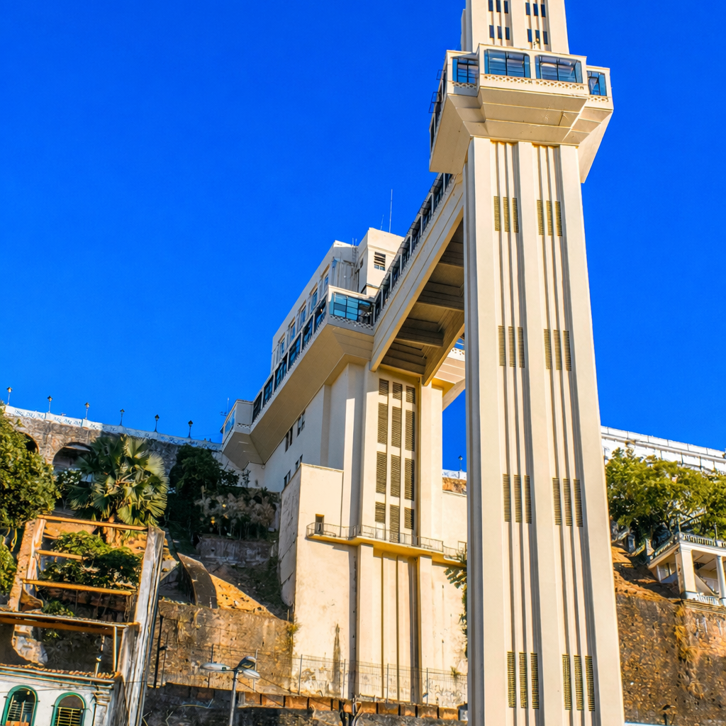 Elevador Lacerda in Salvador, Brazil, connecting the Upper City and Lower City under a bright blue sky