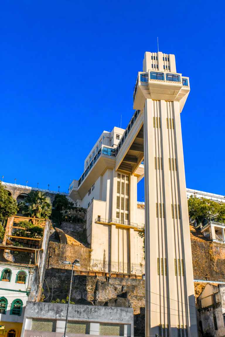 Elevador Lacerda in Salvador, Brazil, connecting the Upper City and Lower City under a bright blue sky