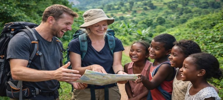 Two backpacking tourists in Southern Madagascar laugh with a group of smiling Malagasy children while holding a map on a lush countryside road.